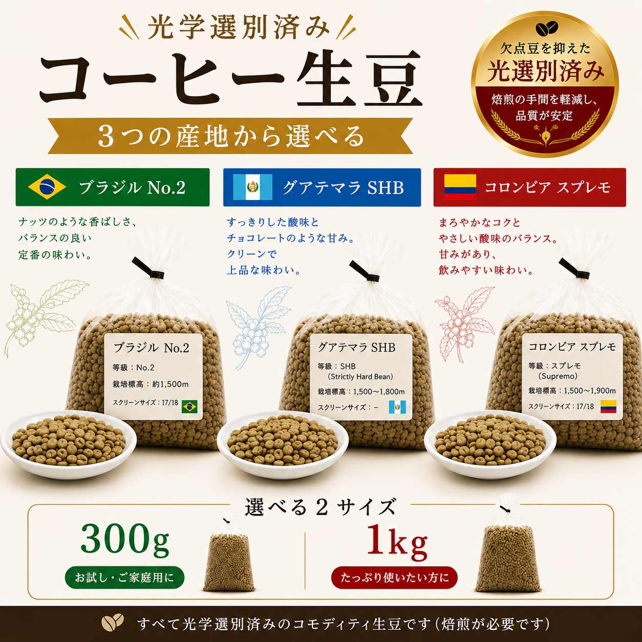 コーヒー 生豆 光学選別済み 300g 1kg ブラジル No.2 グアテマラ SHB コロンビア スプレモ 未焙煎 コーヒー豆 業務用 自家焙煎