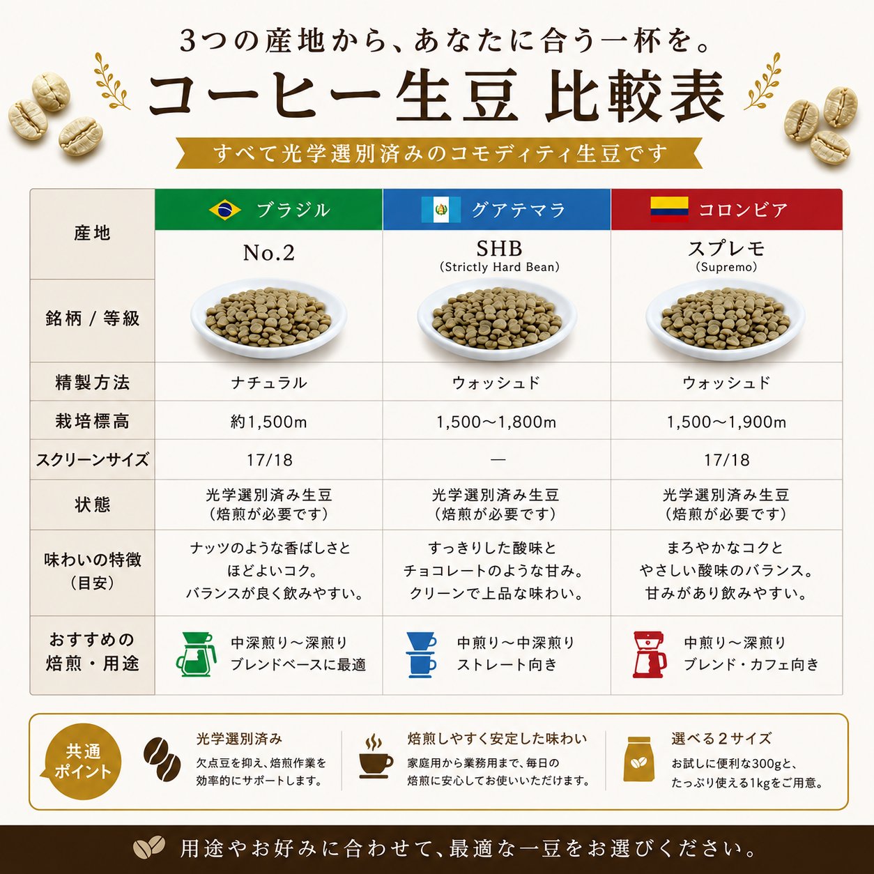 コーヒー 生豆 光学選別済み 300g 1kg ブラジル No.2 グアテマラ SHB コロンビア スプレモ 未焙煎 コーヒー豆 業務用 自家焙煎