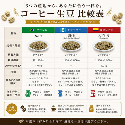 コーヒー 生豆 光学選別済み 300g 1kg ブラジル No.2 グアテマラ SHB コロンビア スプレモ 未焙煎 コーヒー豆 業務用 自家焙煎